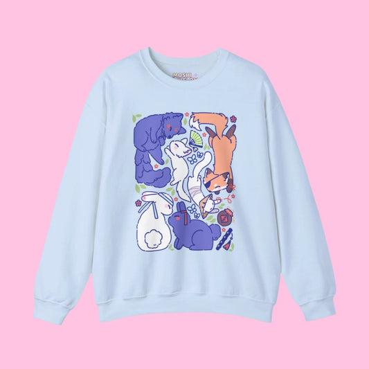 Danmei Animals Crewneck Sweatshirt with cozy animal design on blue fabric.