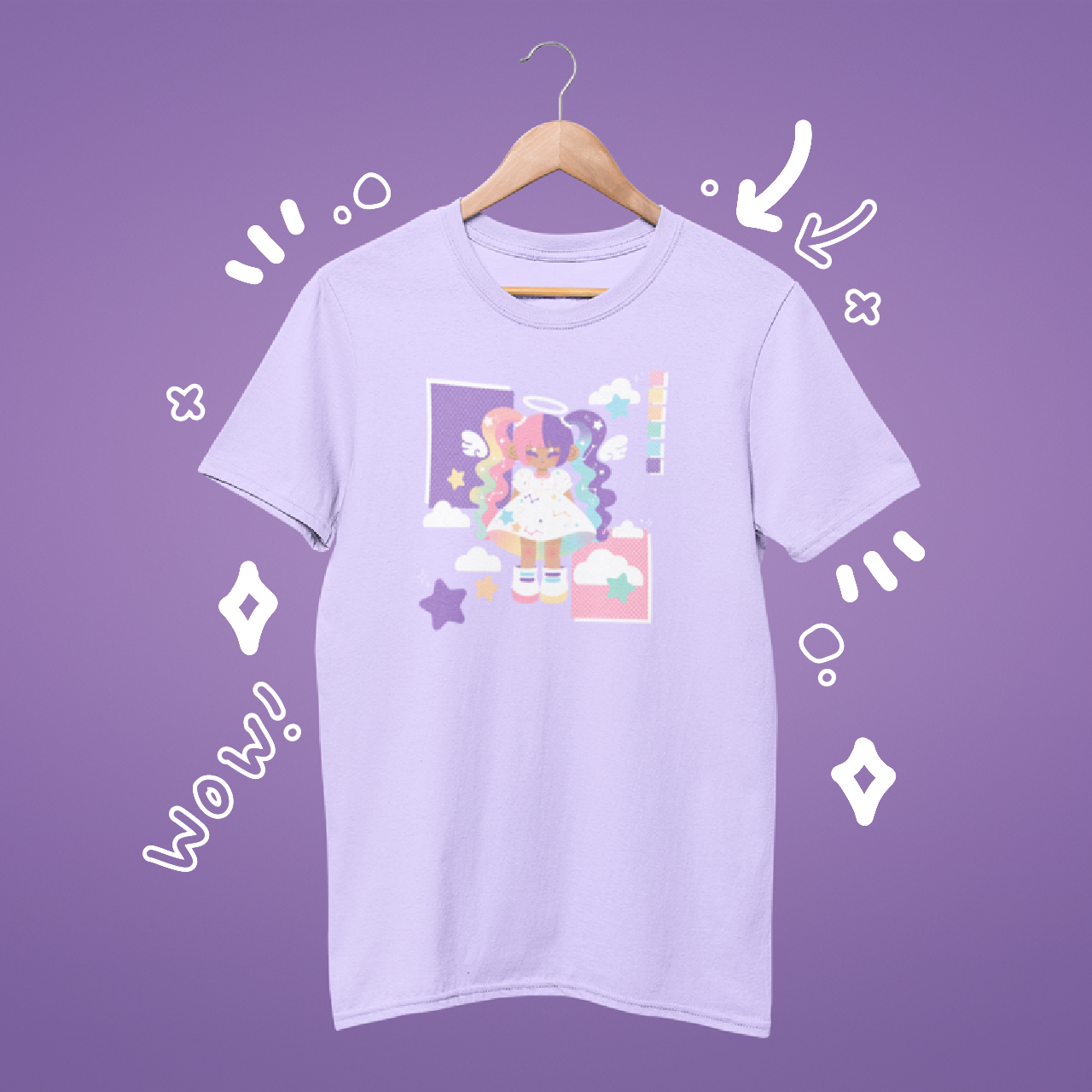 [MTO] Angelic Dream Shirt with pastel rainbow design on lavender background.