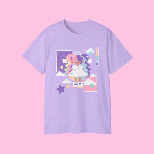 Angelic Dream Shirt in purple with whimsical design, eco-friendly cotton, and classic fit.