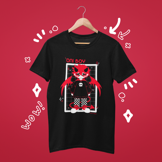 [MTO] Oni Boy Shirt with red demon graphic on black fabric, hanging on a hanger against a red background.