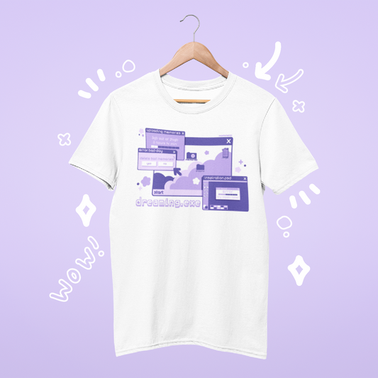 [MTO] Dreaming.EXE Shirt, pastel and colorful design on a hanger against a lavender background.