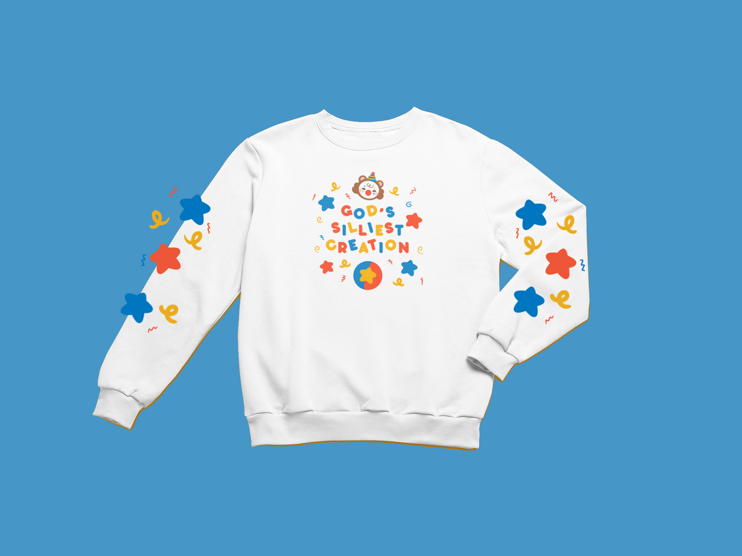 Silliest Creation Crew Neck with colorful, fun design on sleeves and front logo.