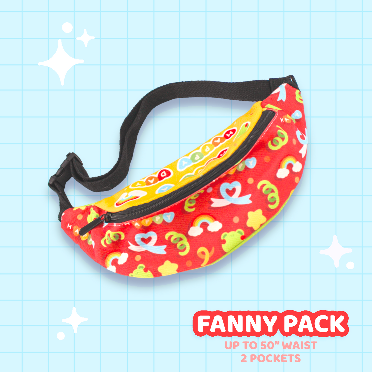 Froggy Fanny Pack with playful design, fits up to 50” waist, includes 2 pockets.