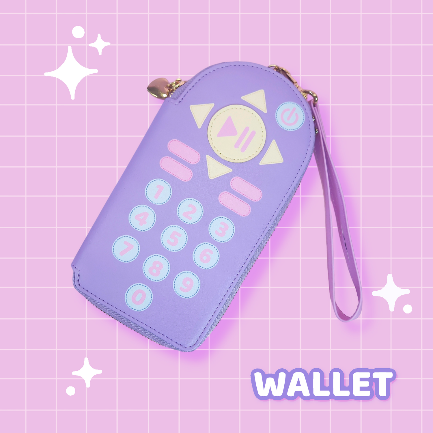 Sci-Fi Wallet in purple with remote control design, featuring card slots, zipper coin pocket, and detachable strap.