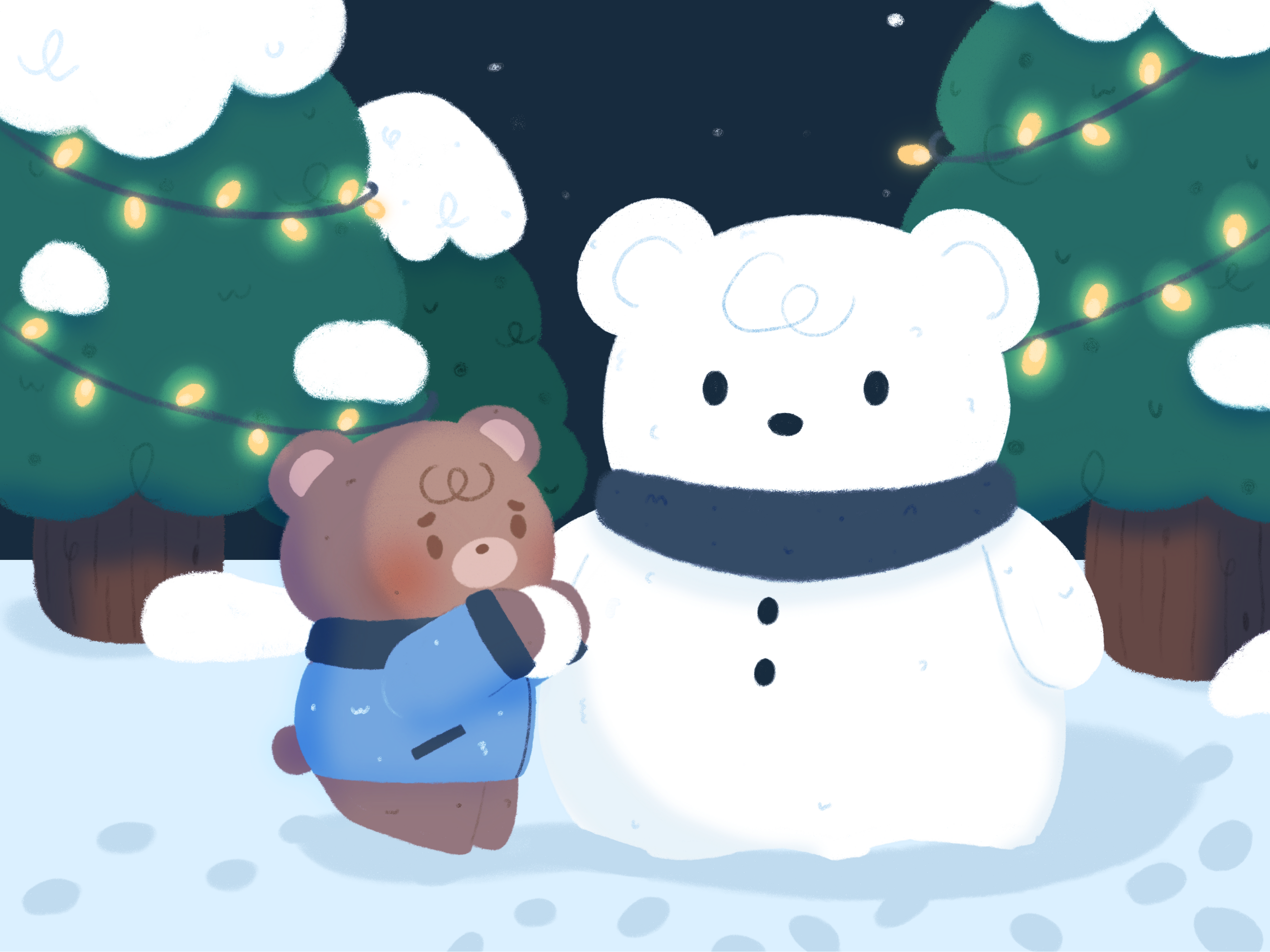 Cartoon bear and snowman in a snowy landscape with trees and a crescent moon.